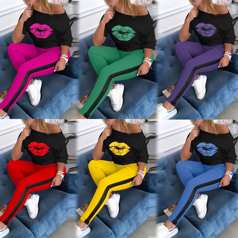 Damen Casual Grafik Lippen-Druck Top und Track Pant Set WW