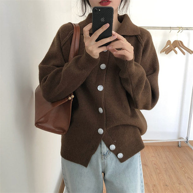 Damen bequemer Strickcardigan mit klassischem Kragen und Knopfverschluss WW