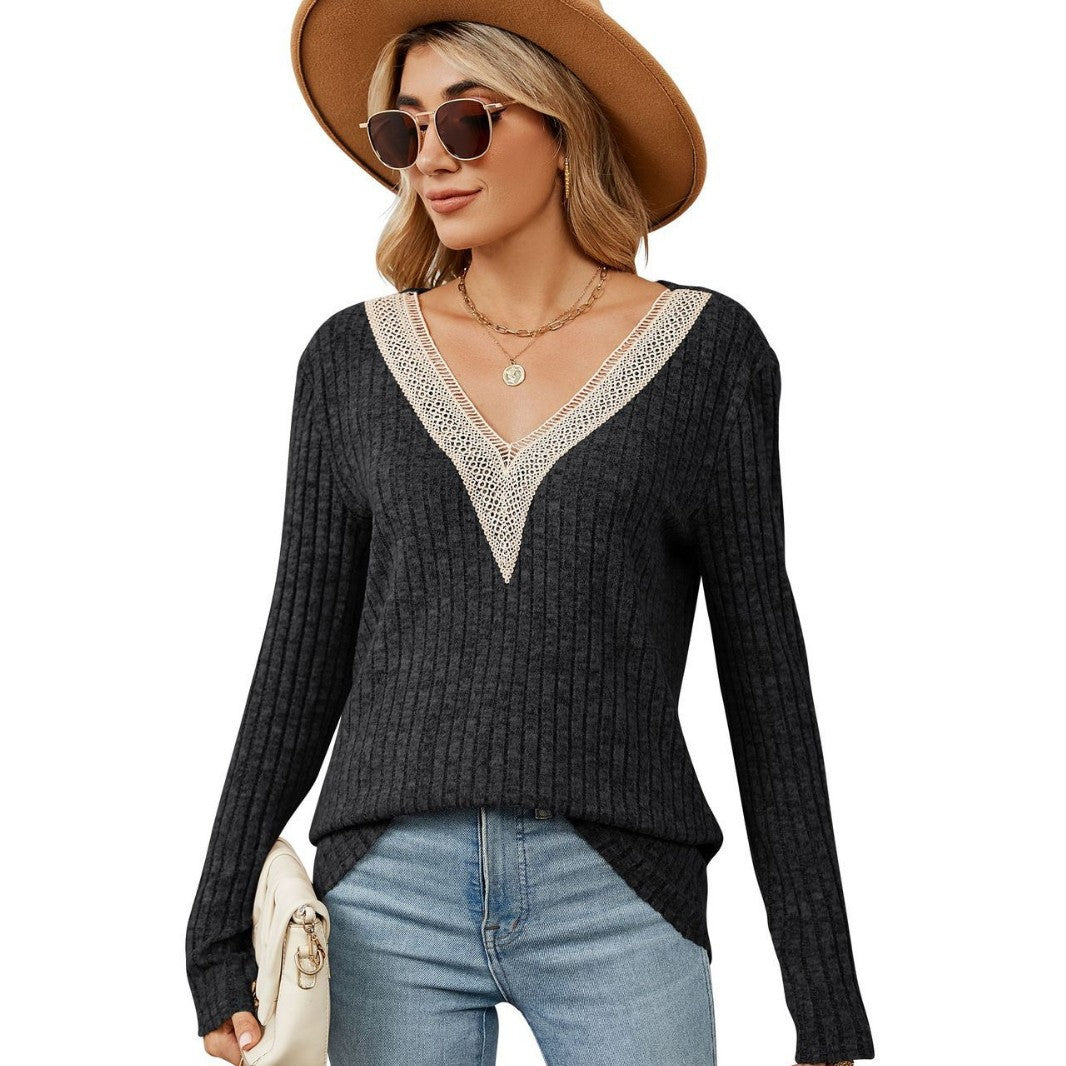 Damen Strickpullover mit V-Ausschnitt und romantischer Spitze WW