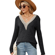 Damen Strickpullover mit V-Ausschnitt und romantischer Spitze WW
