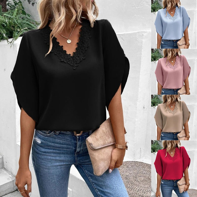 Damen Bluse mit floralen Spitzenapplikationen und eleganten Cut-Out-Ärmeln WW