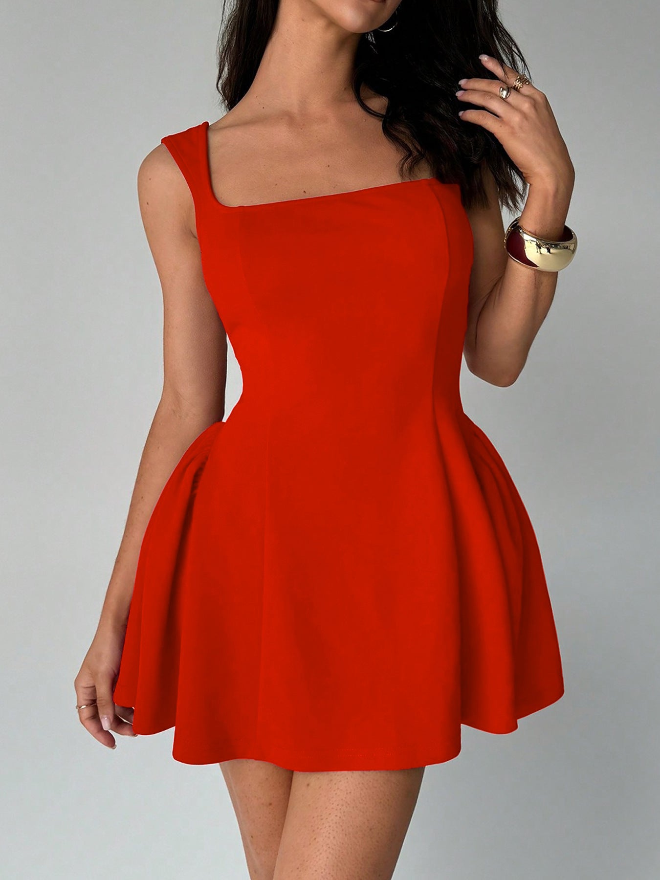 Damen A-Linien Kleid mit quadratischem Ausschnitt und schwingendem Rock WW