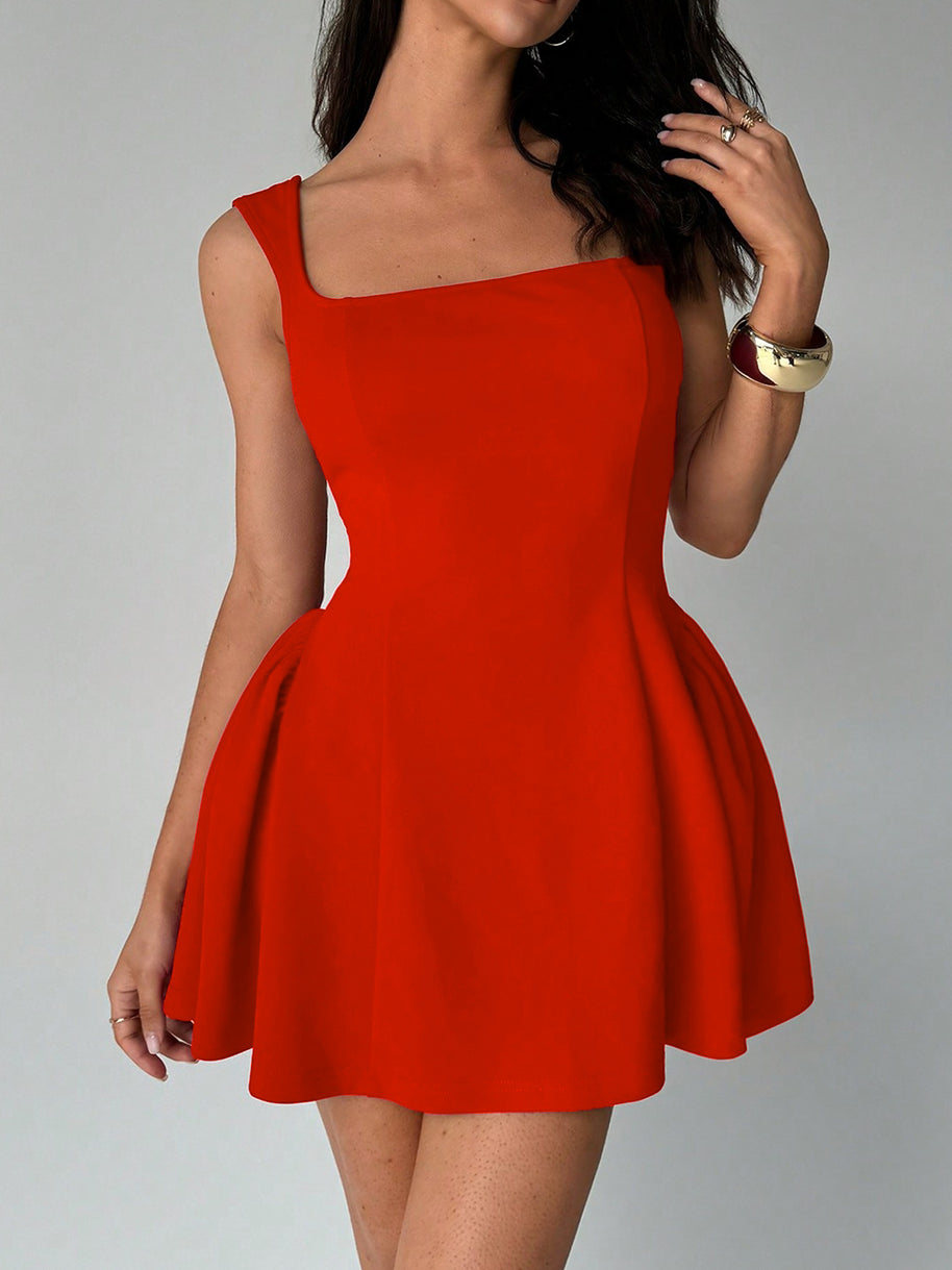 Damen A-Linien Kleid mit quadratischem Ausschnitt und schwingendem Rock WW