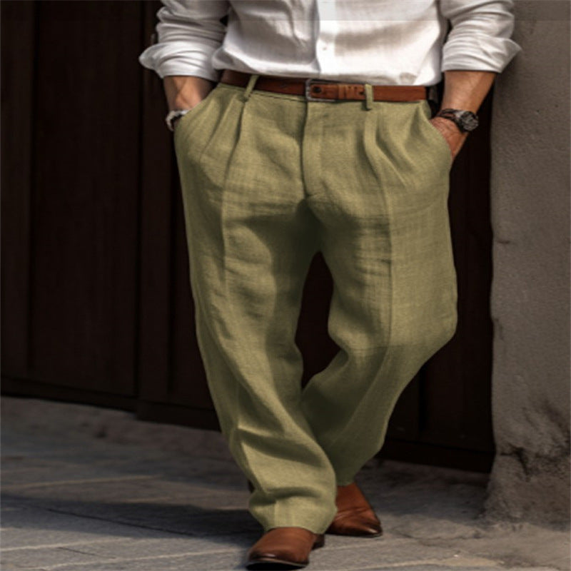 Herren elegante Leinenhose mit Falten und seitlichen Taschen W&W Mode