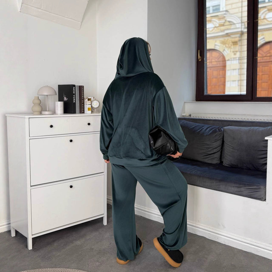 Damen sportliches Fleece-Jogginganzug-Set mit Kapuze und elastischer Taille WW