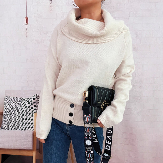 Damen Pullover mit weichem Kragen und dekorativen Knöpfen WW