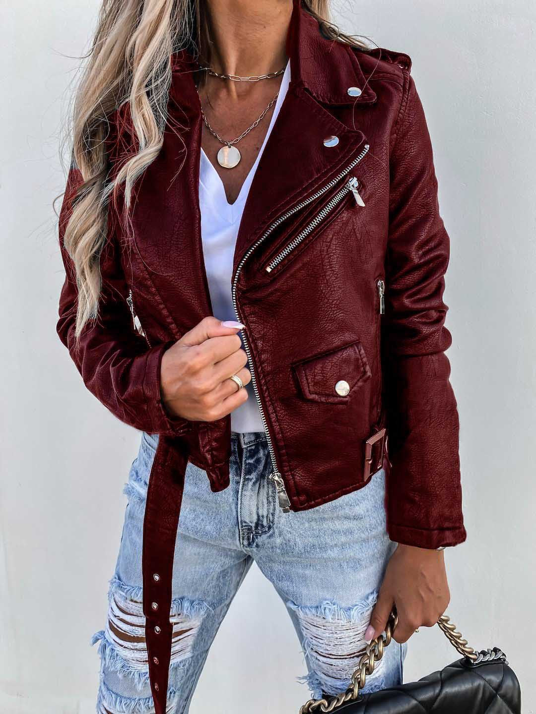 W&W Mode PU-Ledermantel Kurzer Reißverschluss-Jacke