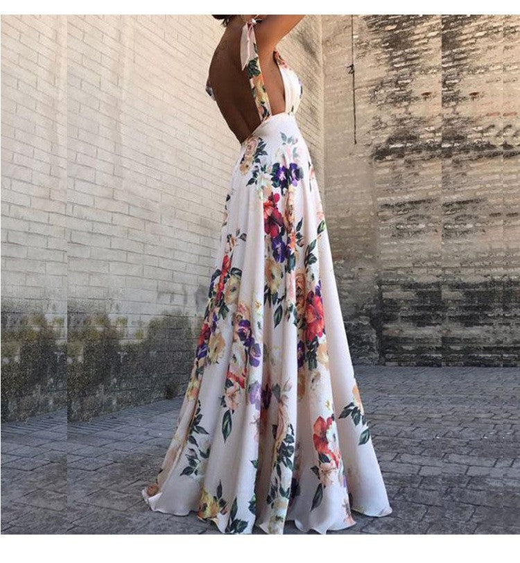 W&W Mode | Bedrucktes Langarmloses Spaghettiträgerkleid mit großem Saum