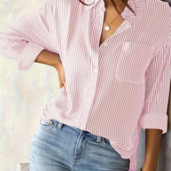 Damen gestreifte Bluse mit lockerer Passform und praktischer Brusttasche WW