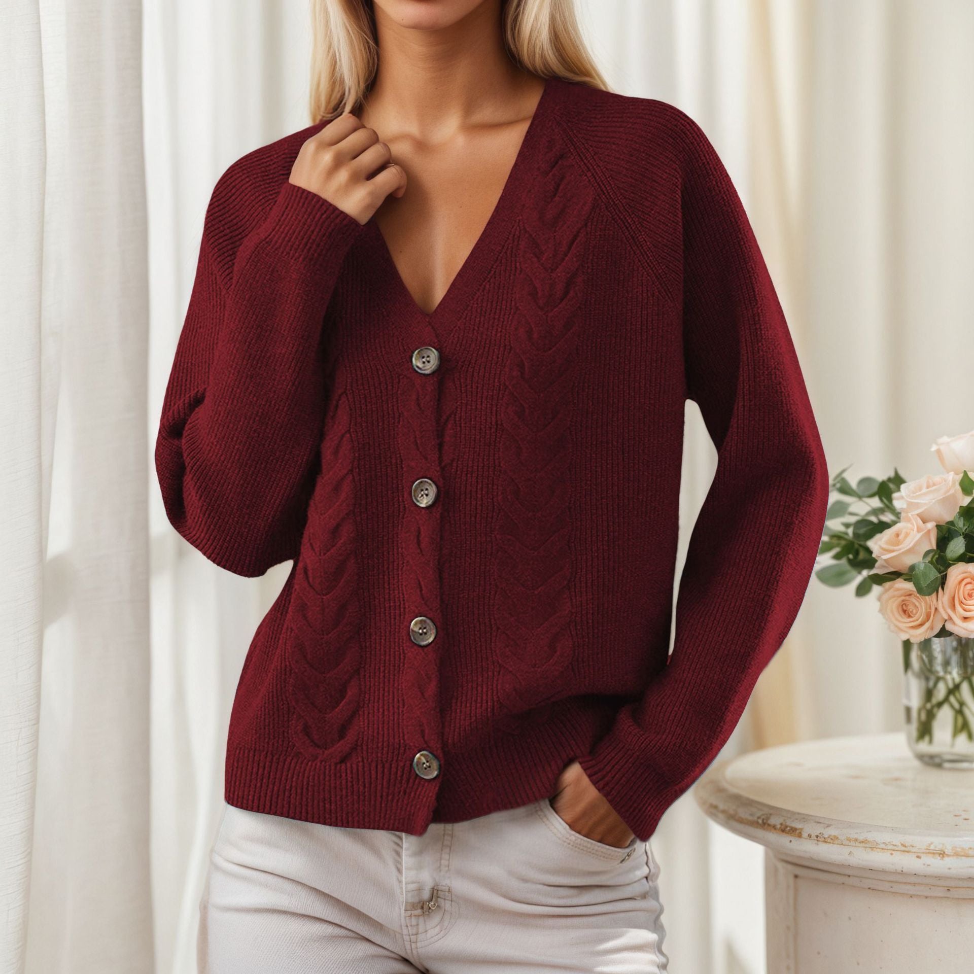Damen Strickjacke mit V-Ausschnitt und trendy Zopfmuster WW