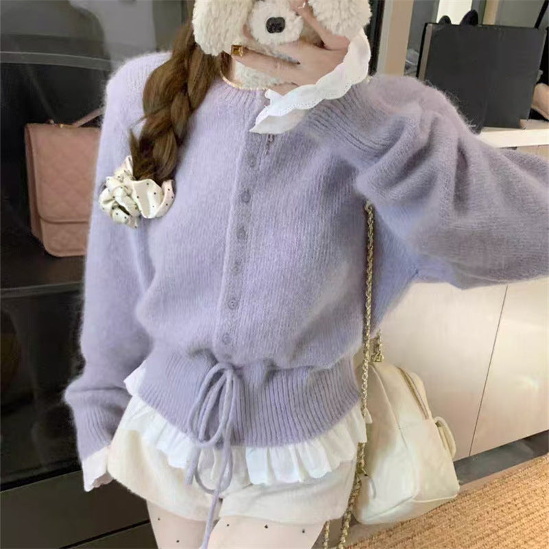 Damen romantischer Strick-Cardigan mit Spitze und Knopfdetails WW