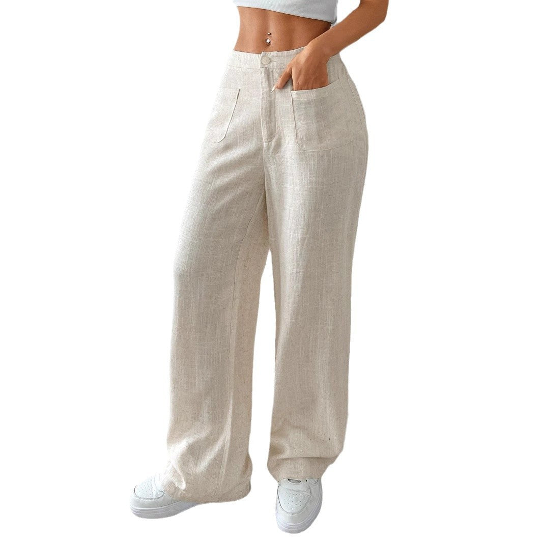 Damen weite Leinenhose mit elastischem Bund und praktischen Taschen WW