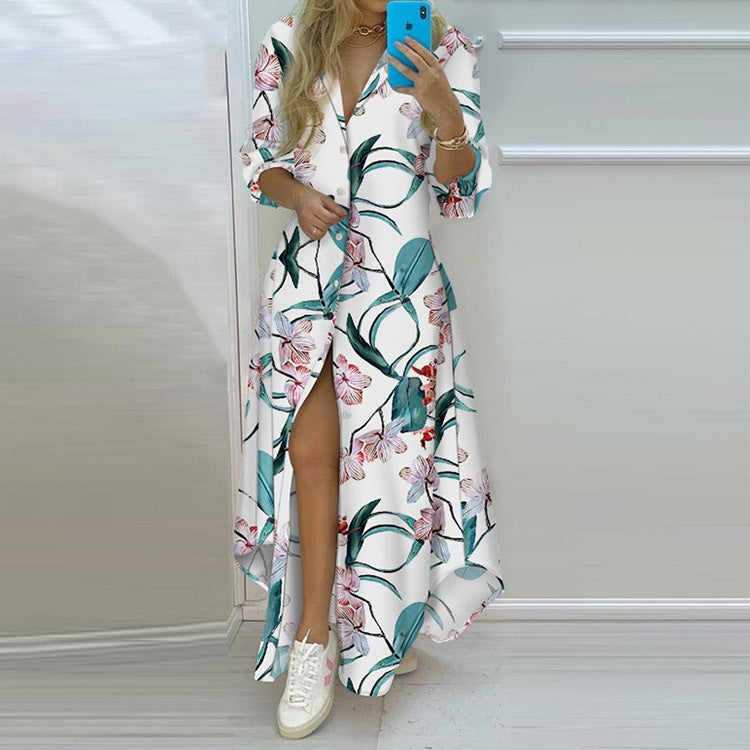 Damen Langarmhemdmaxikleid mit grafischem Muster und seitlichem Schlitz W&W Mode
