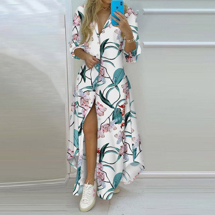 Damen Langarmhemdmaxikleid mit grafischem Muster und seitlichem Schlitz W&W Mode