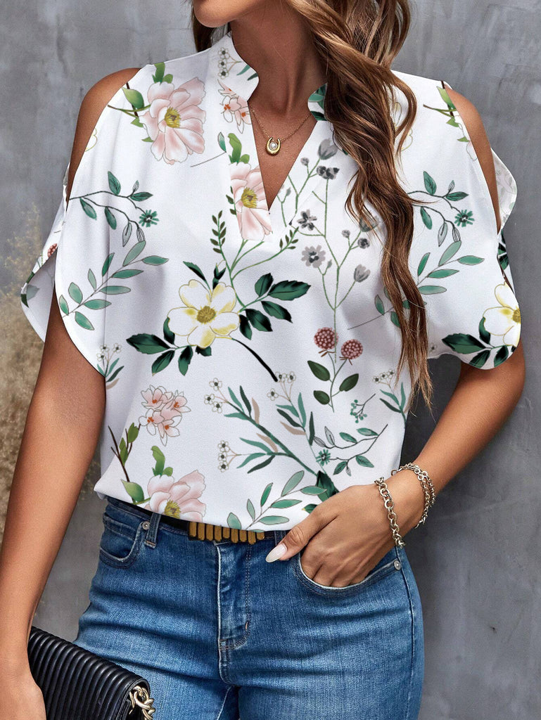 Damen Trendy Bluse mit Cut-Out-Ärmeln und floralem Muster WW