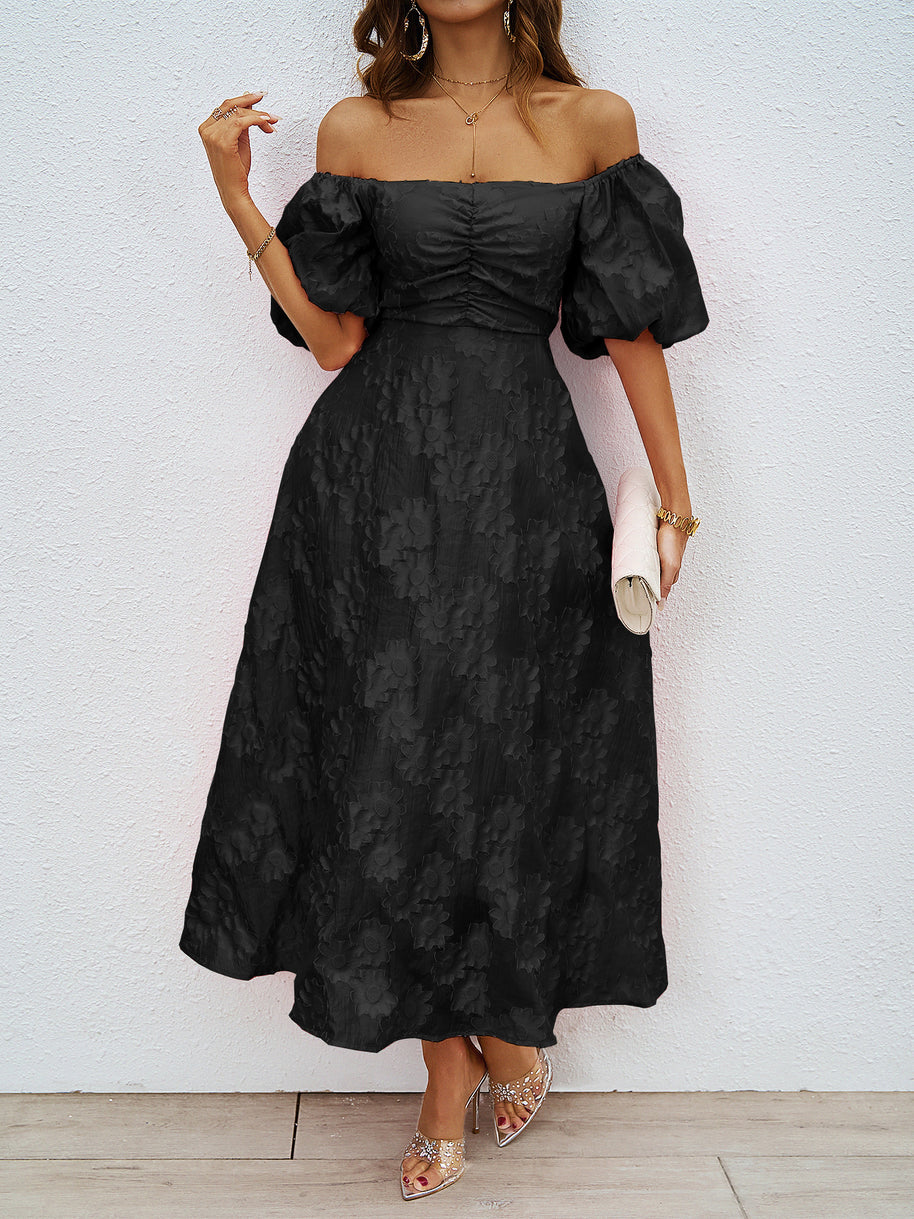 Damen elegantes Maxi-Kleid mit floralem Relief und schulterfreiem Design WW