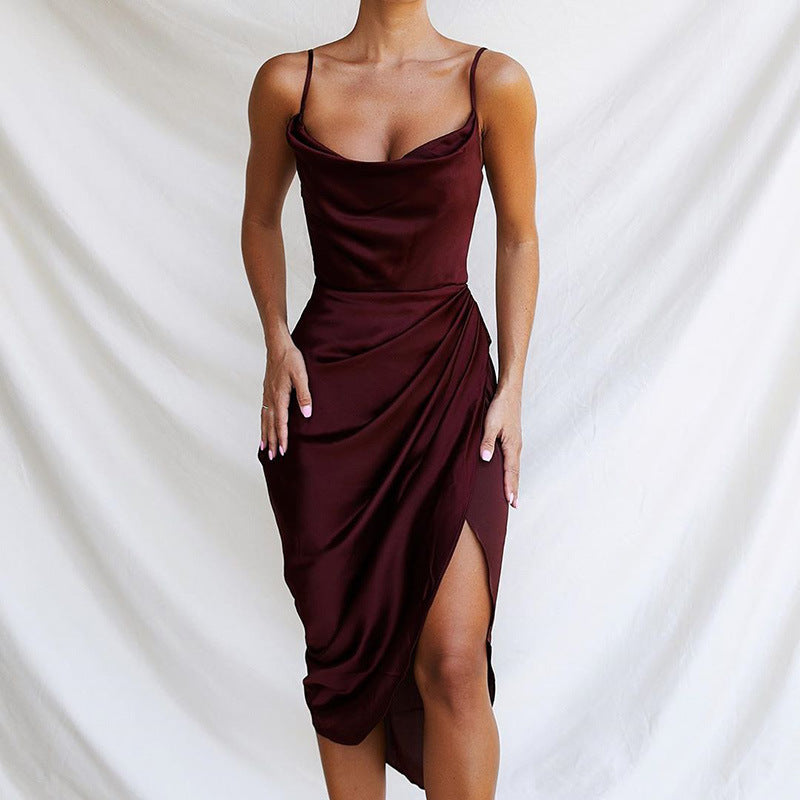 Damen Satin Kleid mit schmalen Spaghetti-Trägern und seitlichem Schlitz WW