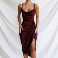 Damen Satin Kleid mit schmalen Spaghetti-Trägern und seitlichem Schlitz WW