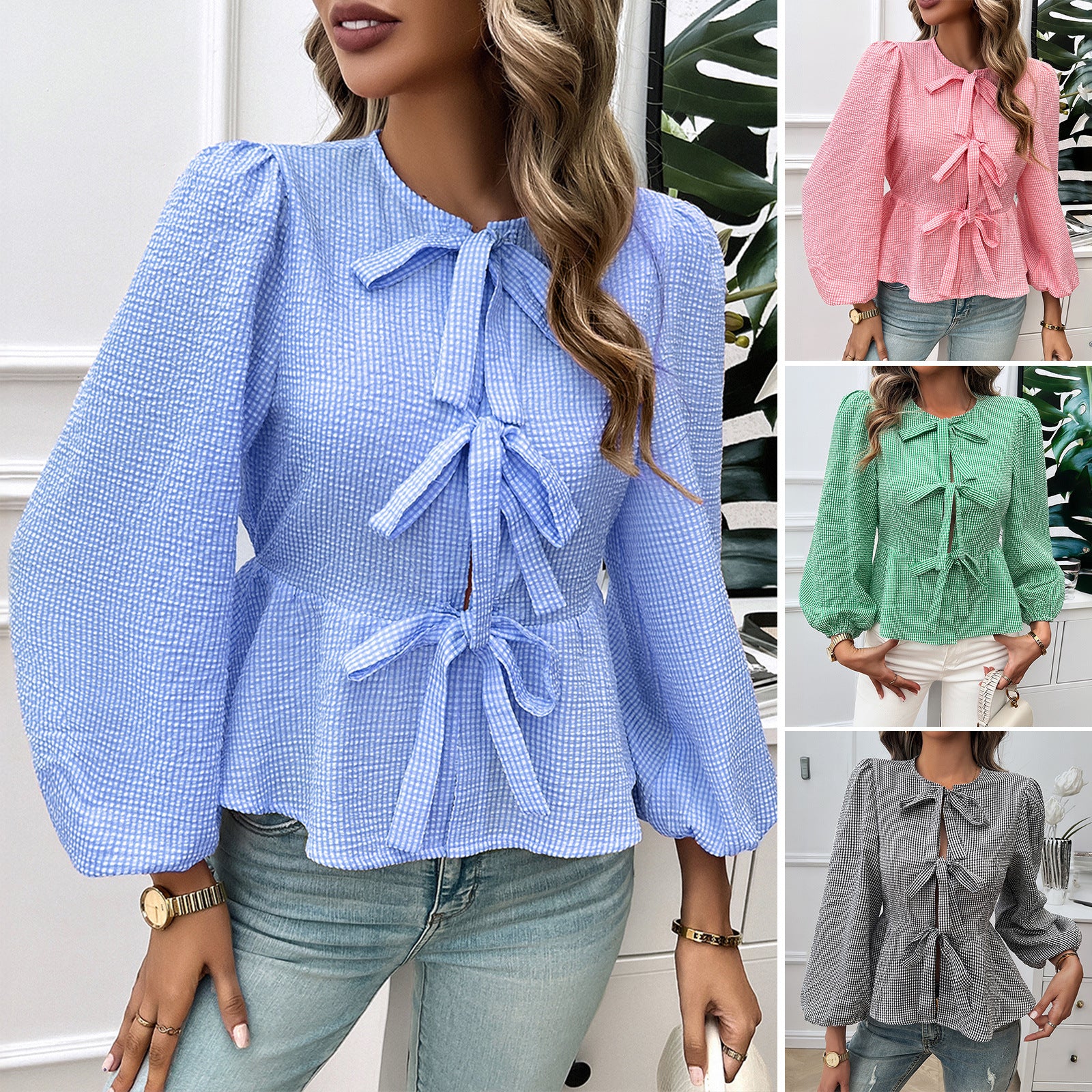 Damen Bluse mit dekorativen Bändchen und Volantärmeln WW