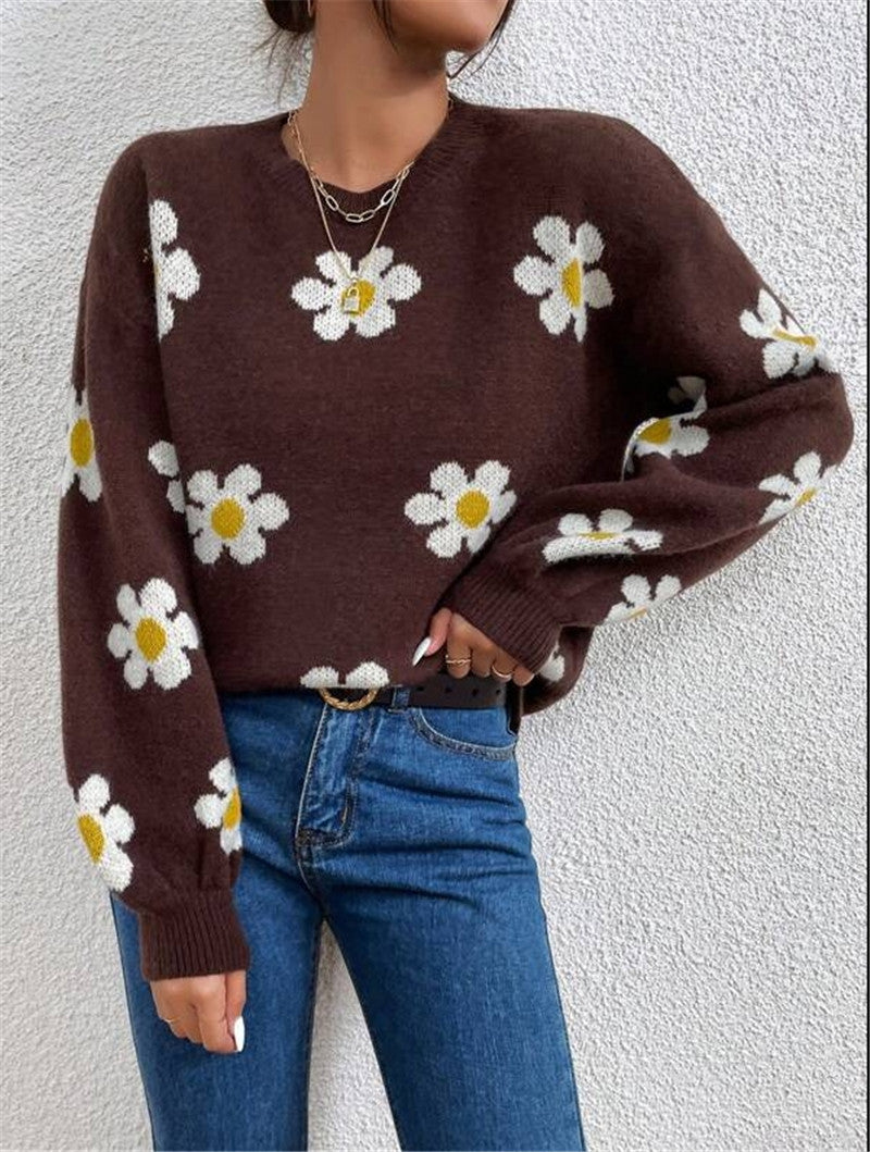 Damen Strickpullover mit verspieltem Blumenmuster und eleganten Puffärmeln WW