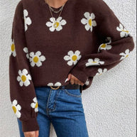 Damen Strickpullover mit verspieltem Blumenmuster und eleganten Puffärmeln WW