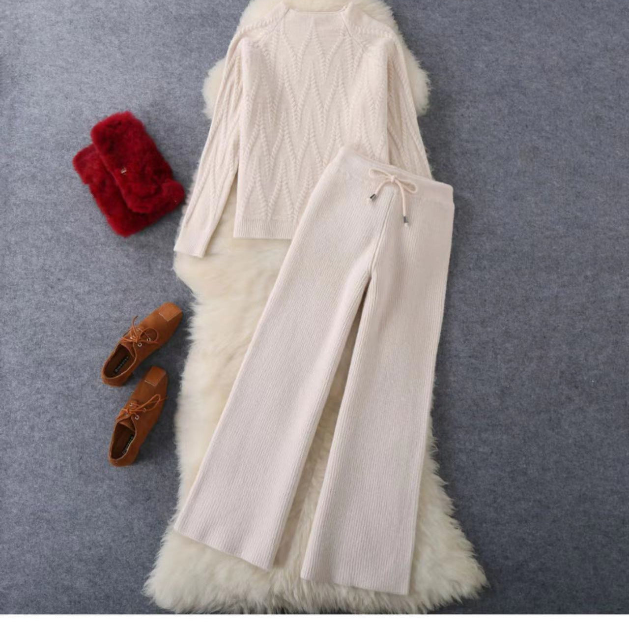 Damen Set aus Strickpullover und Weit geschnittenen Hose WW