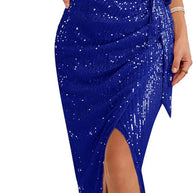 Damen asymmetrisches Abendkleid mit Pailletten und hohem Schlitz WW