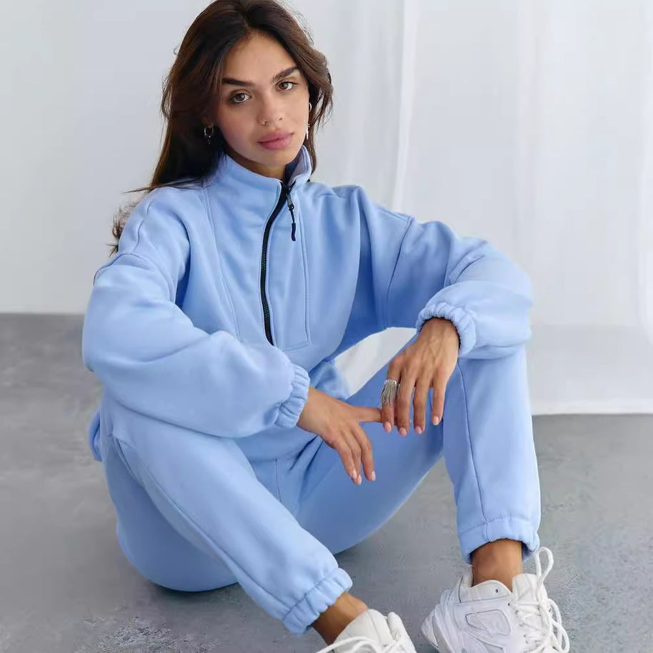 Damen Sportlicher Fleece-Traininganzug mit halbem Reißverschluss und elastischen Bündchen WW