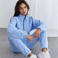 Damen Sportlicher Fleece-Traininganzug mit halbem Reißverschluss und elastischen Bündchen WW