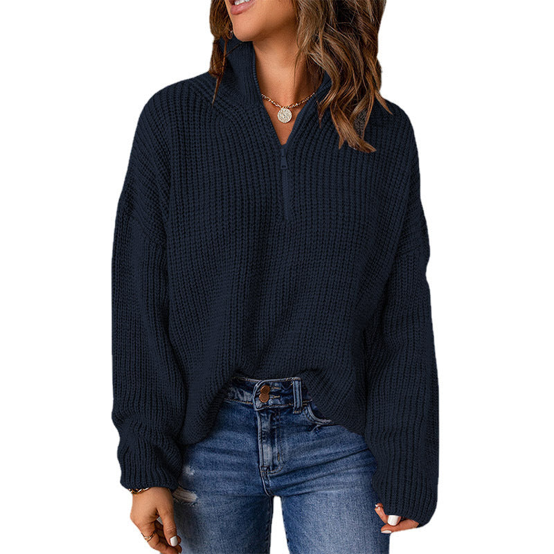 Damen Grober Strickpullover mit Stehkragen und Reißverschluss WW