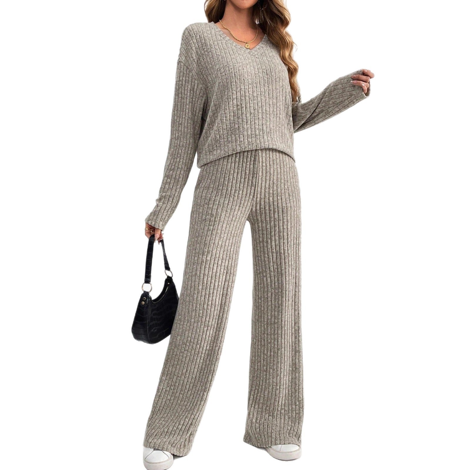 Damen bequemes Lounge-Set mit V-Ausschnitt und weitem Schnitt WW