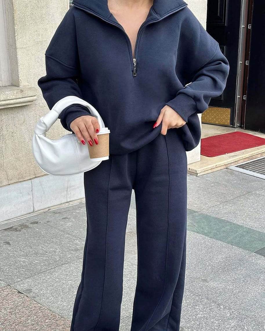 Damen Sportlicher Fleece-Trainingsanzug mit hohem Stehkragen und Reißverschluss WW