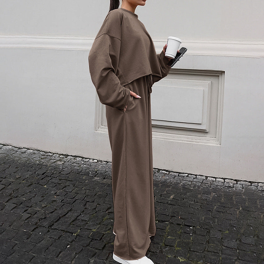 Damen Bequemes Cropped Sweatshirt und Weite Hose Set WW