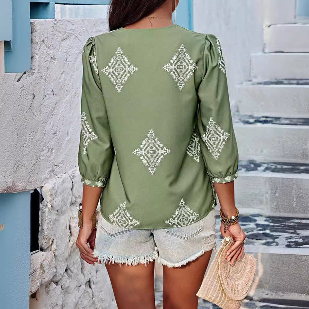 WW | Boho Chic V-ausschnitt Bestickte Bluse Für Frauen