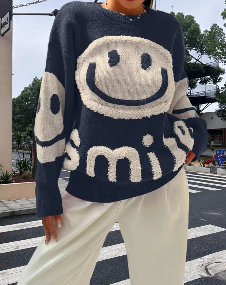 Damen Strickpullover mit fröhlichem Emoji-Motiv und komfortablem Schnitt WW