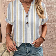 Damen Kurzarm Bluse mit dekorativem Musterdruck und knöpfbarem Ausschnitt WW