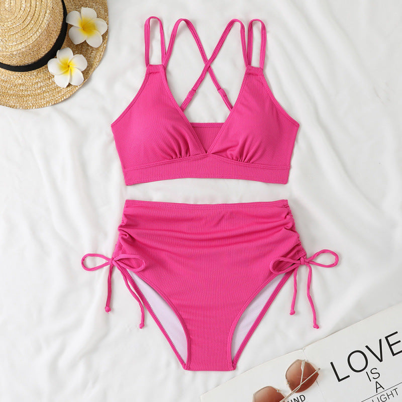 Damen schickes High-Waist-Bikini-Set mit verstellbaren Trägern und Raffung WW