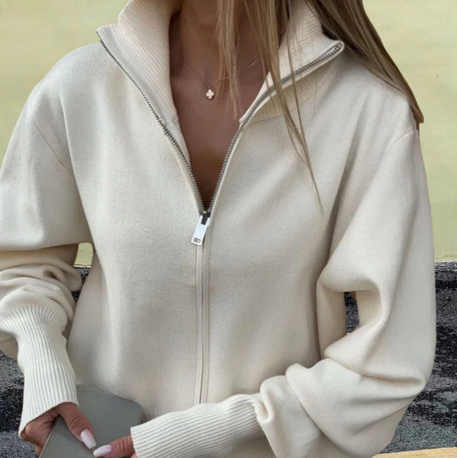Damen Sportlicher Strickpullover mit hohem Kragen und Reißverschluss WW