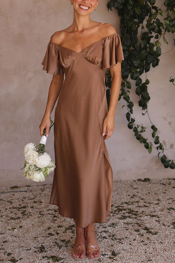 Damen Off-Shoulder Midi-Kleid mit voluminösen Ärmeln und eleganten Akzenten WW