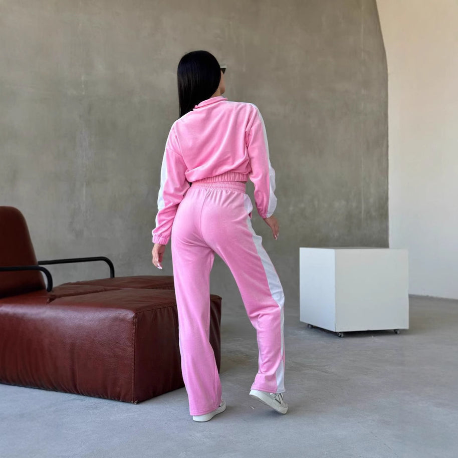 Damen Sportlicher Velours Trainingsanzug mit kontrastierenden Einsätzen WW