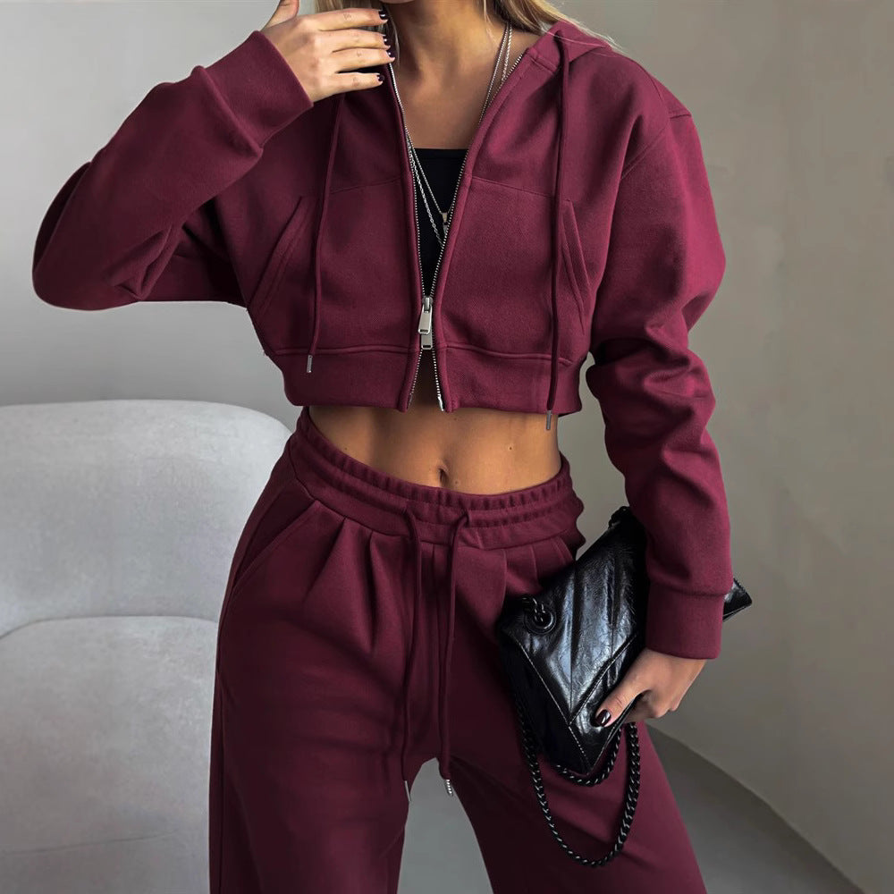 Damen stylisches Crop-Set aus Kapuzenpullover und bequemen Jogginghosen WW