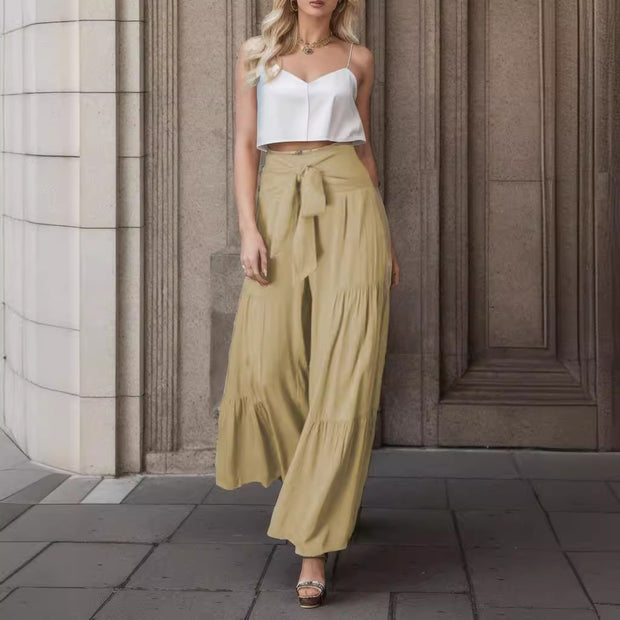 Damen weite High-Waist Hose mit eleganten Falten und Bindegürtel WW