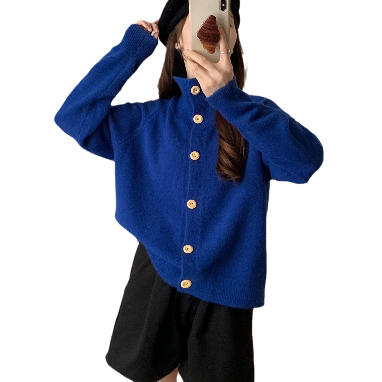 Damen Strickjacke mit hohem Kragen und großen Knöpfen WW