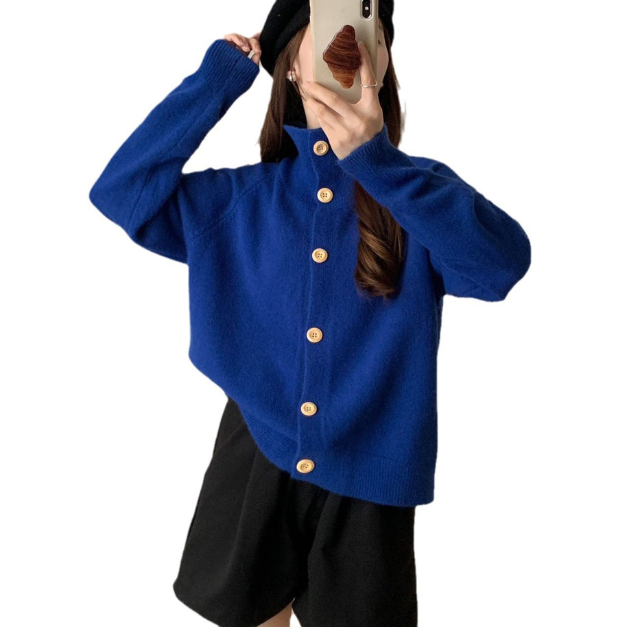 Damen Strickjacke mit hohem Kragen und großen Knöpfen WW