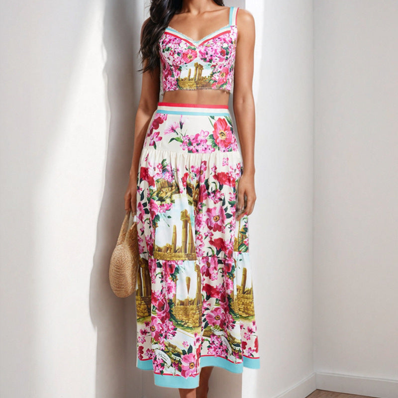Damen Zweiteiliges Sommeroutfit mit floralem Bustier und schwingendem Rock W&W Mode