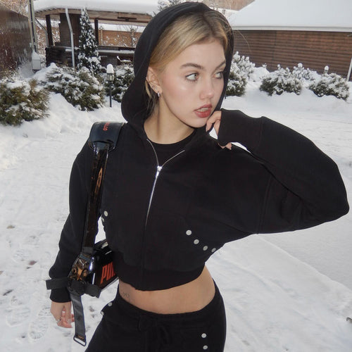 Damen sportlicher Cropped Hoodie mit innovativen Druckknopfdetails WW