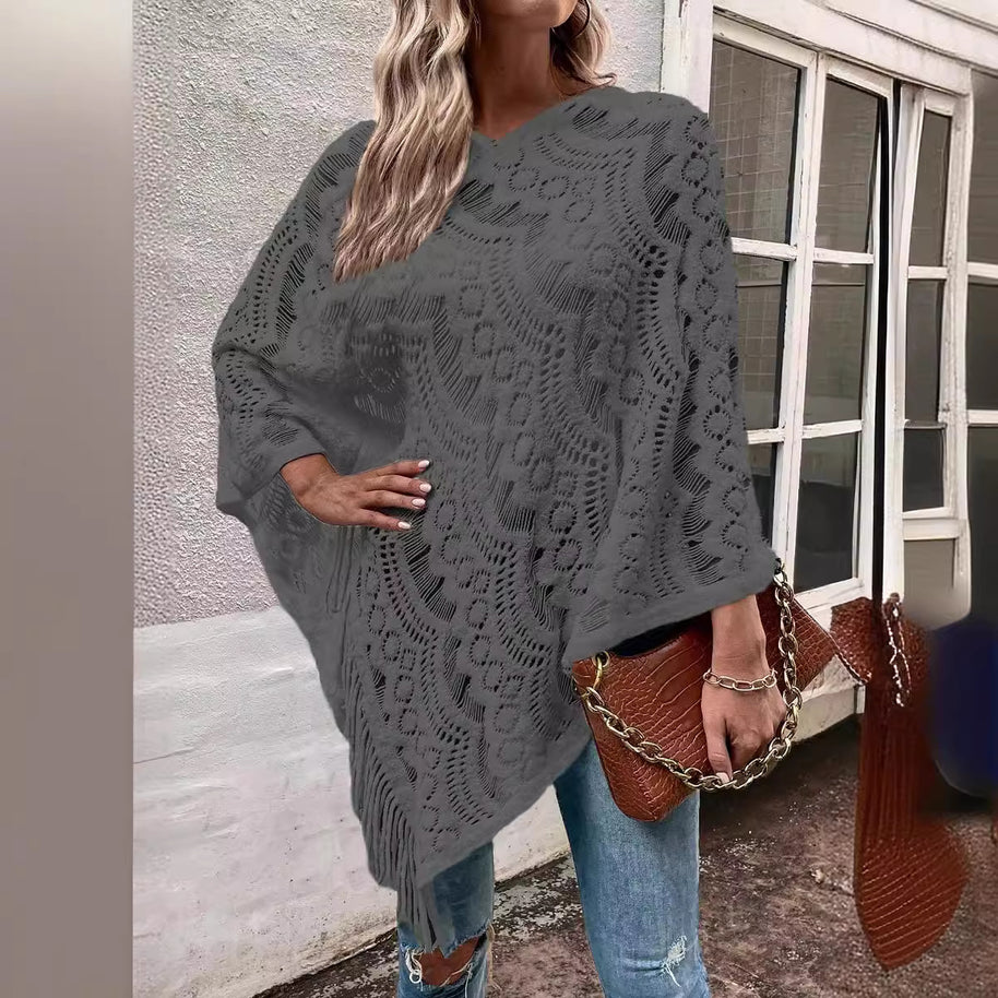 Damen Strickponcho mit elegantem Fransen-Design WW