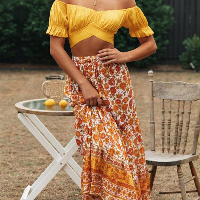 Damen Crop-Top mit fließenden Puffärmeln und knielangen Details WW