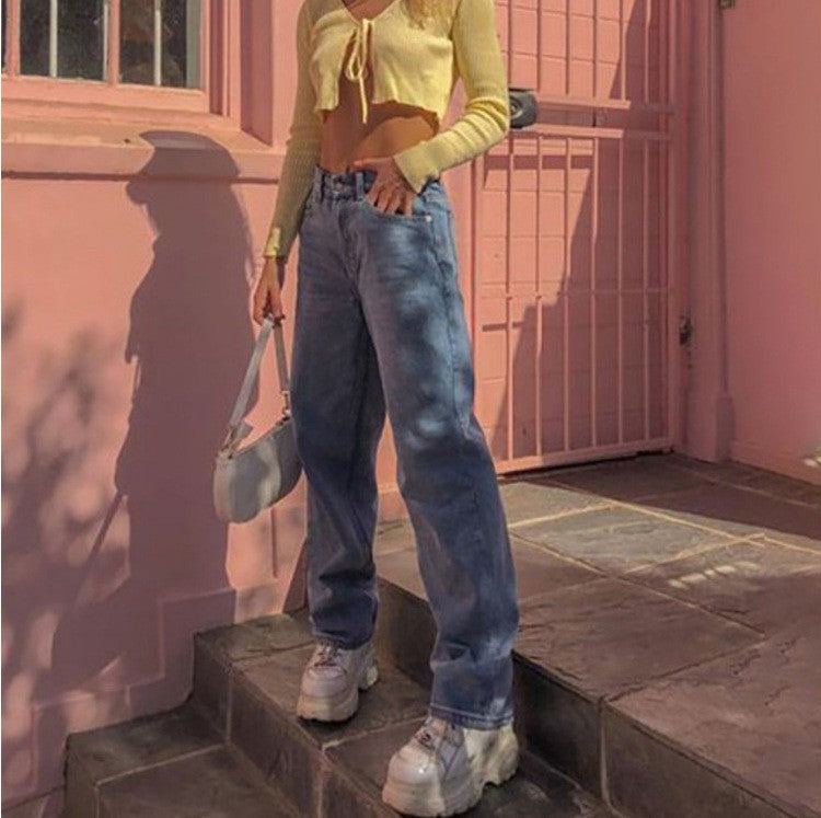 WW | Damen Retro Inspirierte Weite Beinform Denim Blaue Jeans