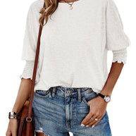 Damen lässiges Oversized T-Shirt mit modischen Puffärmeln und Rundhalsausschnitt WW